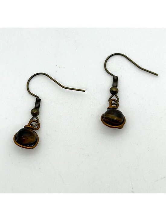Estate Jewelry - Handmade Tiger Eye Earrings, Bronze Tone Wire-Wrapped Gemstone Bead Dangle Drop